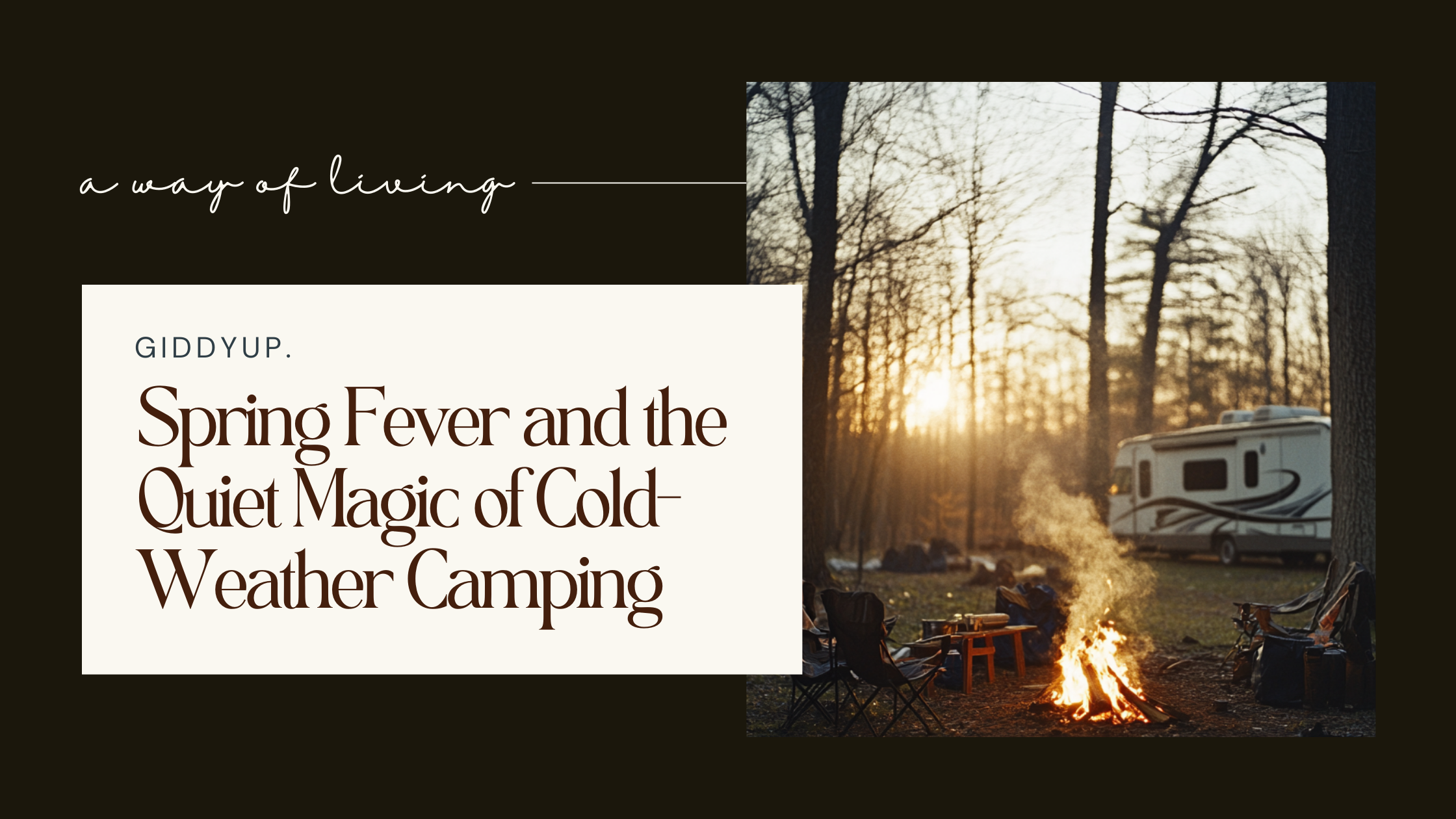 {"state":"generated","value":"A campfire glows in a forest clearing at sunset, surrounded by empty camping chairs and a camper van, capturing the peaceful and inviting atmosphere of cold-weather camping.","isStale":false}