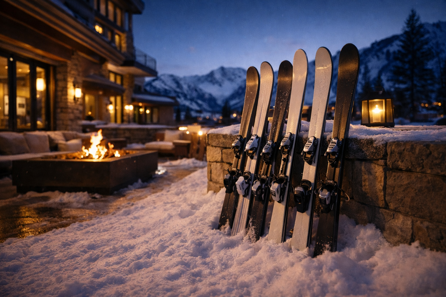 {"state":"generated","value":"Several pairs of skis stand in the snow near a stone wall and a glowing outdoor fire pit, with a cozy lodge and snow-covered mountains in the background at dusk, creating a warm and inviting après-ski scene.","isStale":false}