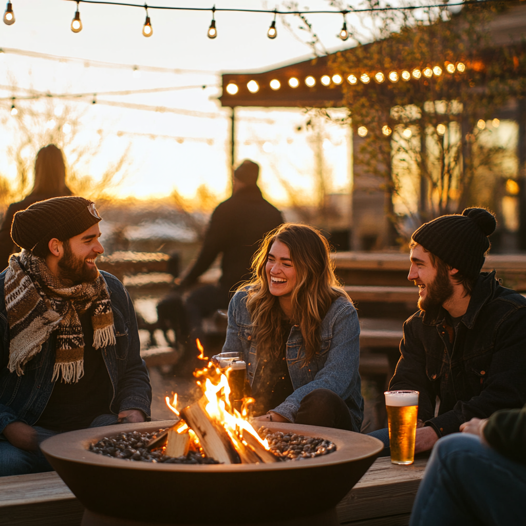 {"state":"generated","value":"Three friends are gathered outdoors around a fire pit at sunset, laughing and enjoying drinks. String lights overhead create a warm, inviting atmosphere.","isStale":false}