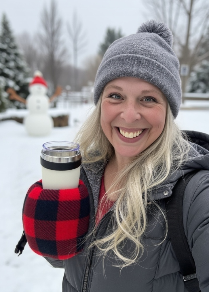 Person in winter clothing holding a hot beverage in a snow-covered yard with a snowman.