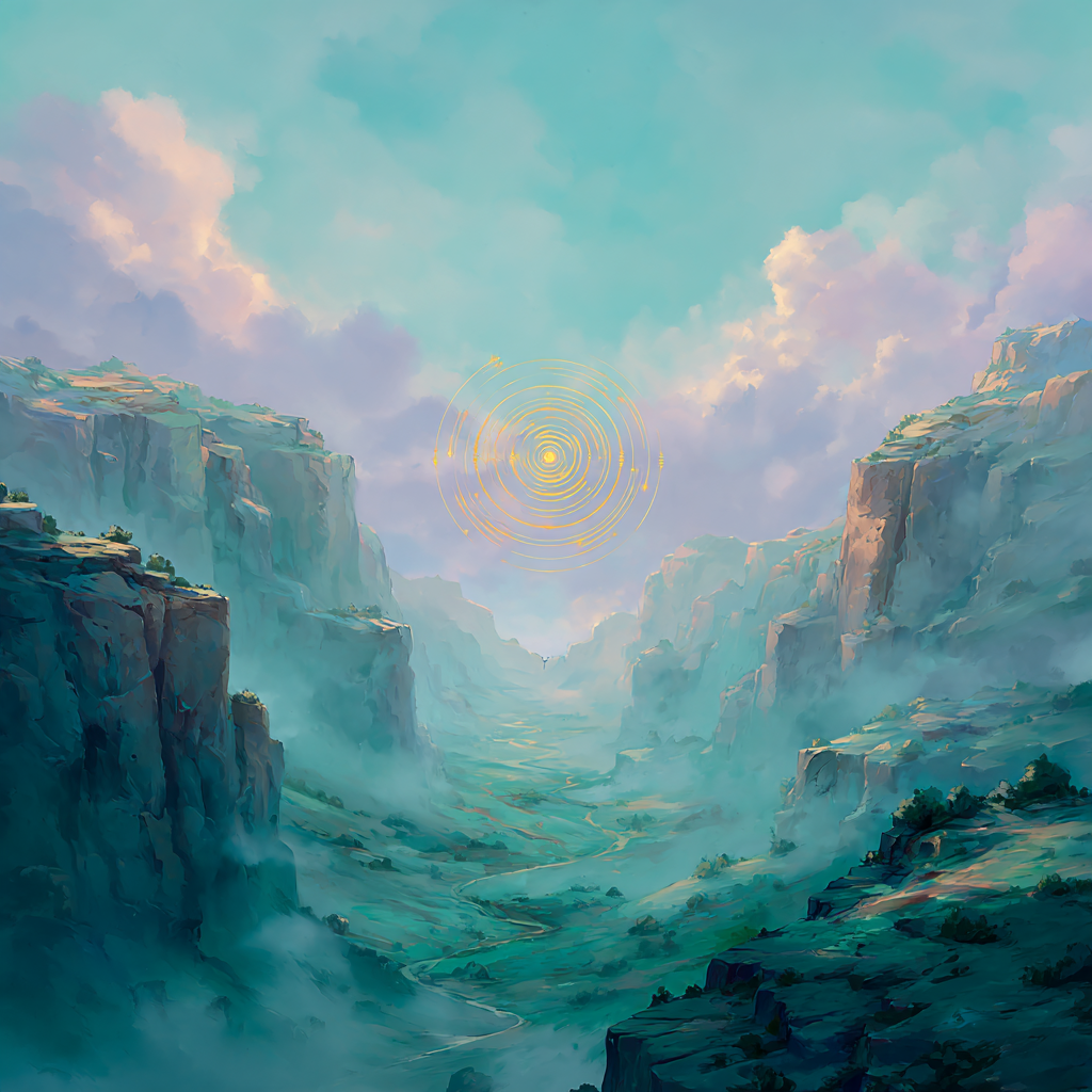 Mountain ridgelines in silver-blue light with soft mist and lavender tones, inspired by sound and echoing landscape energy.