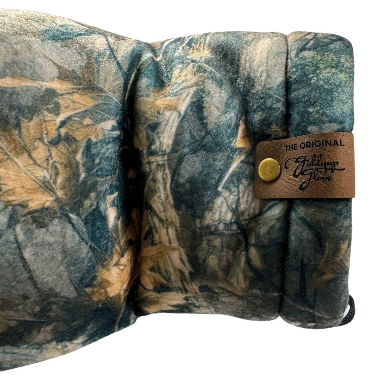 Camouflage-patterned product with a brand tag on a white background