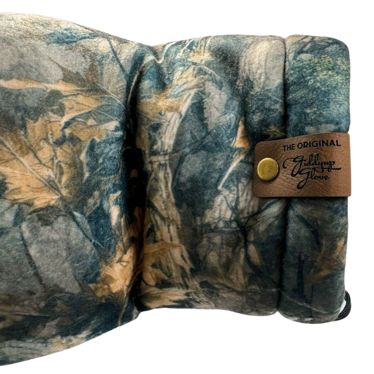 Camouflage-patterned product with a brand tag on a white background