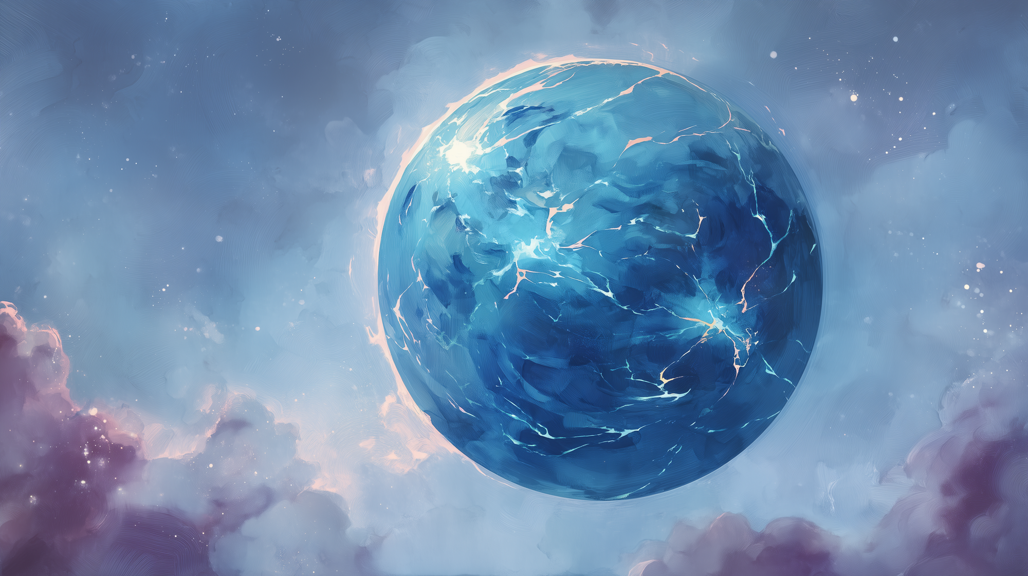 Dynamic abstract landscape with spiraling energy, neon blue arcs, and golden light streaks in constant motion.