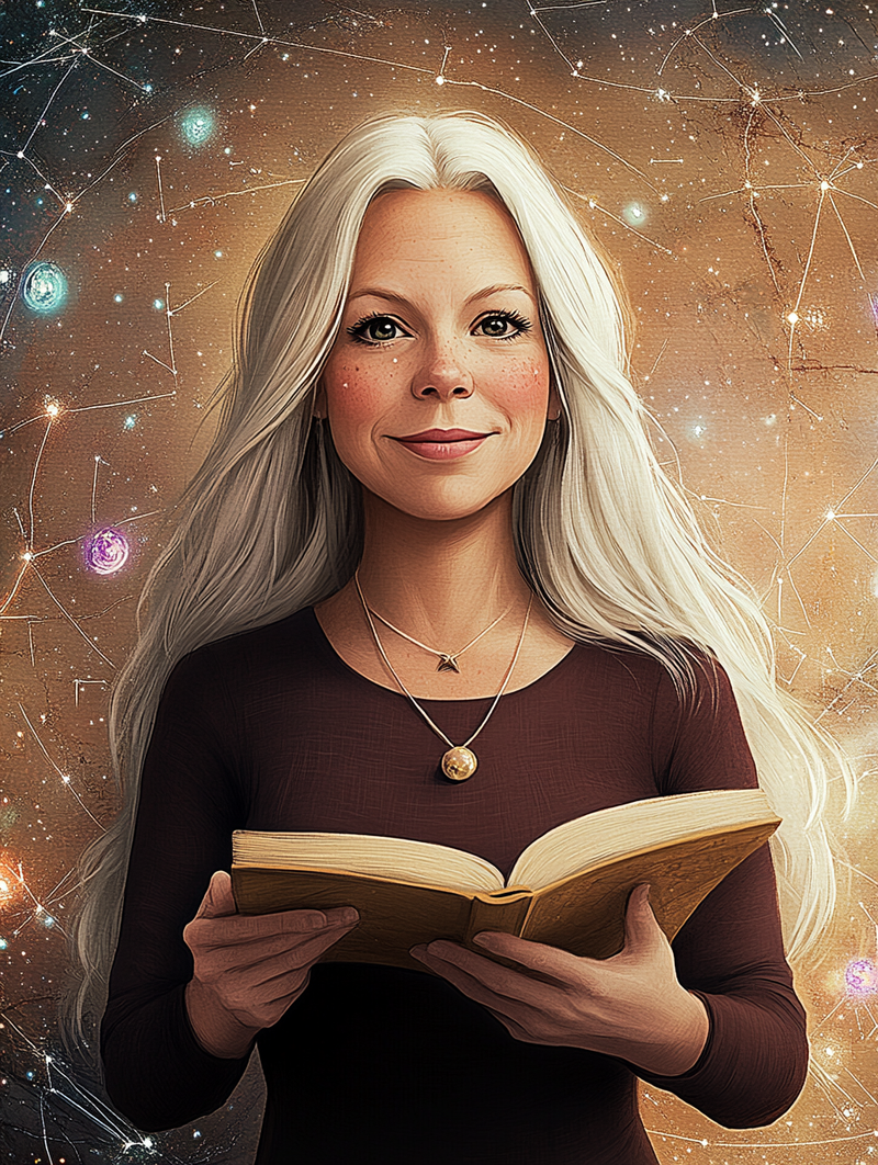 Ms. Sherrise, creator and narrator of The Giddyup Guide to the Galaxy, holding an open book beneath a golden constellation sky.