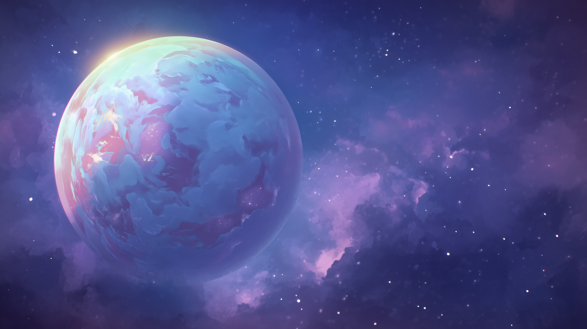 Harmonic landscape with silver-blue mountains, mirror-like waters, and soft mist, inspired by sound and gentle echoes.