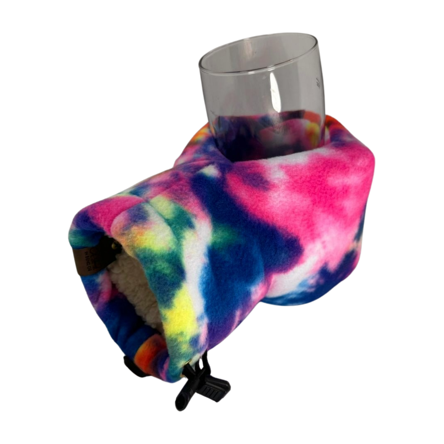 Asteroid Jazz Giddyup Glove™ holding a glass, showing secure, comfortable beverage handling.