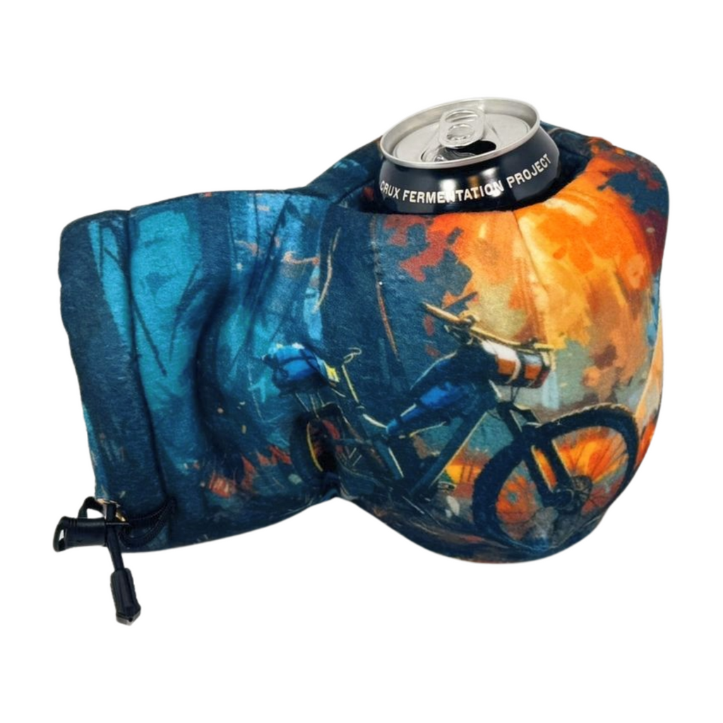 Bend Adventure Camp Giddyup Glove™ holding a can, demonstrating secure built-in drink holder for camping, tailgates, or campfires.