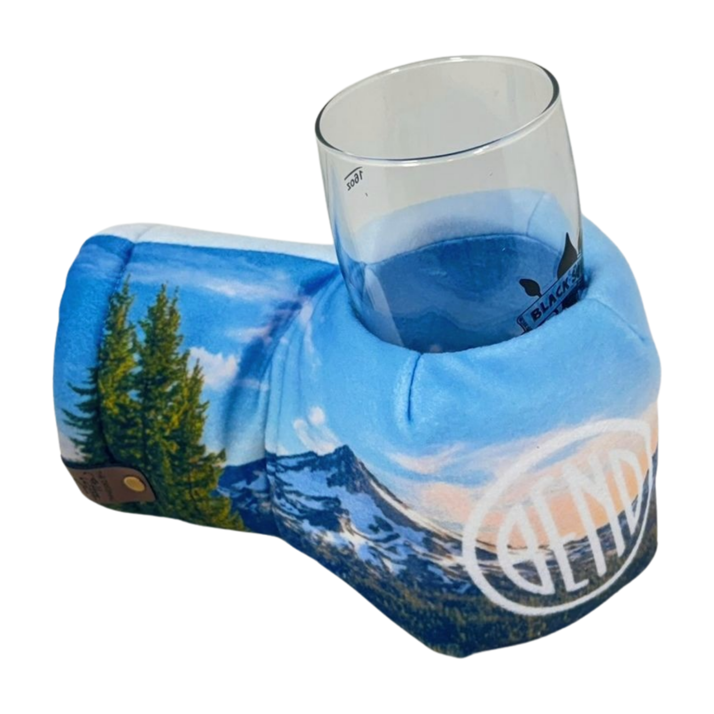 Bend Sunrise Summit Giddyup Glove™ holding a glass, showing secure grip and cozy insulated design.