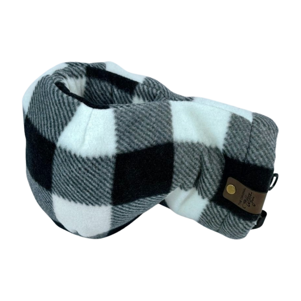 Back view of Black and White Buffalo Plaid Giddyup Glove™, cozy insulated hand and drink holder for winter outdoor activities.