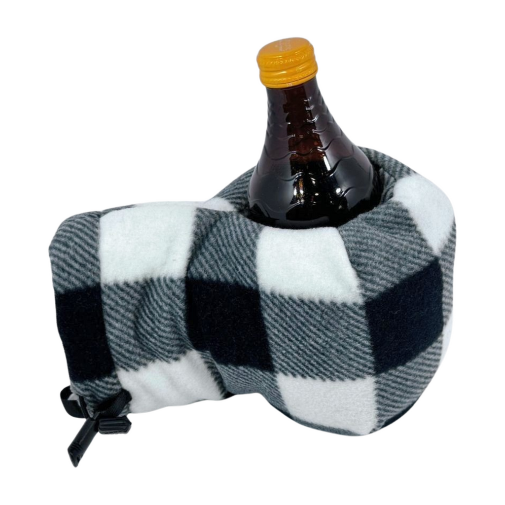 Black and White Buffalo Plaid Giddyup Glove™ holding a bottle, cozy and ambidextrous mitten for outdoor adventures.