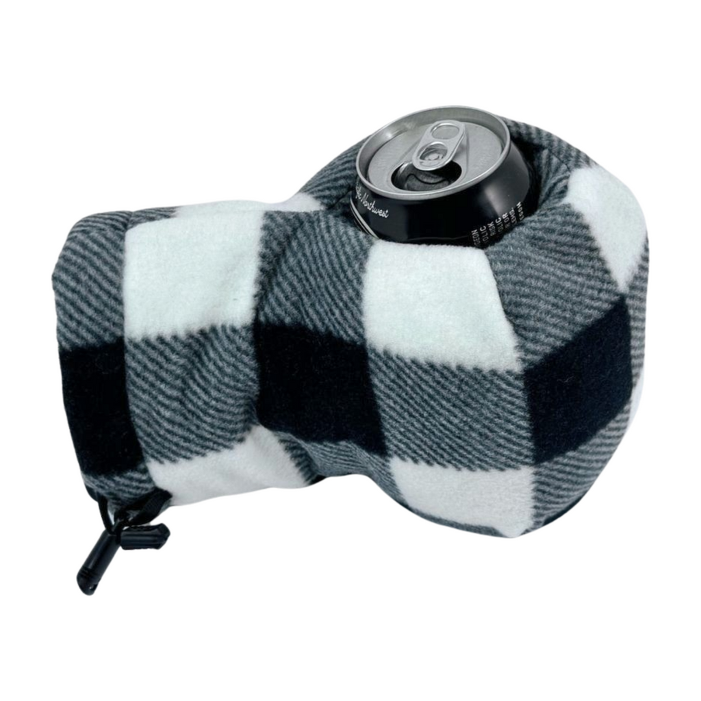 Black and White Buffalo Plaid Giddyup Glove™ holding a can, perfect for tailgates, camping, or backyard hangouts.