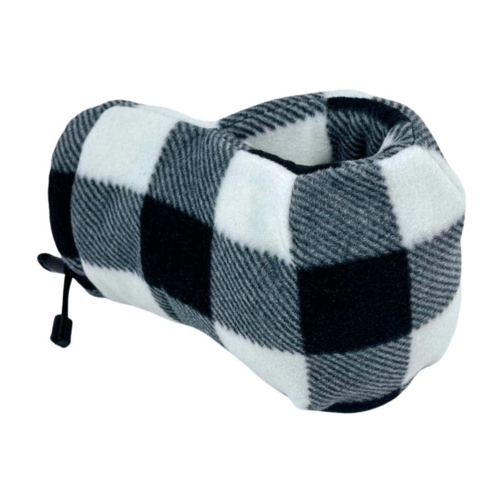 Front view of Black and White Buffalo Plaid Giddyup Glove™ holding a drink, insulated mitten for hot or cold beverages.