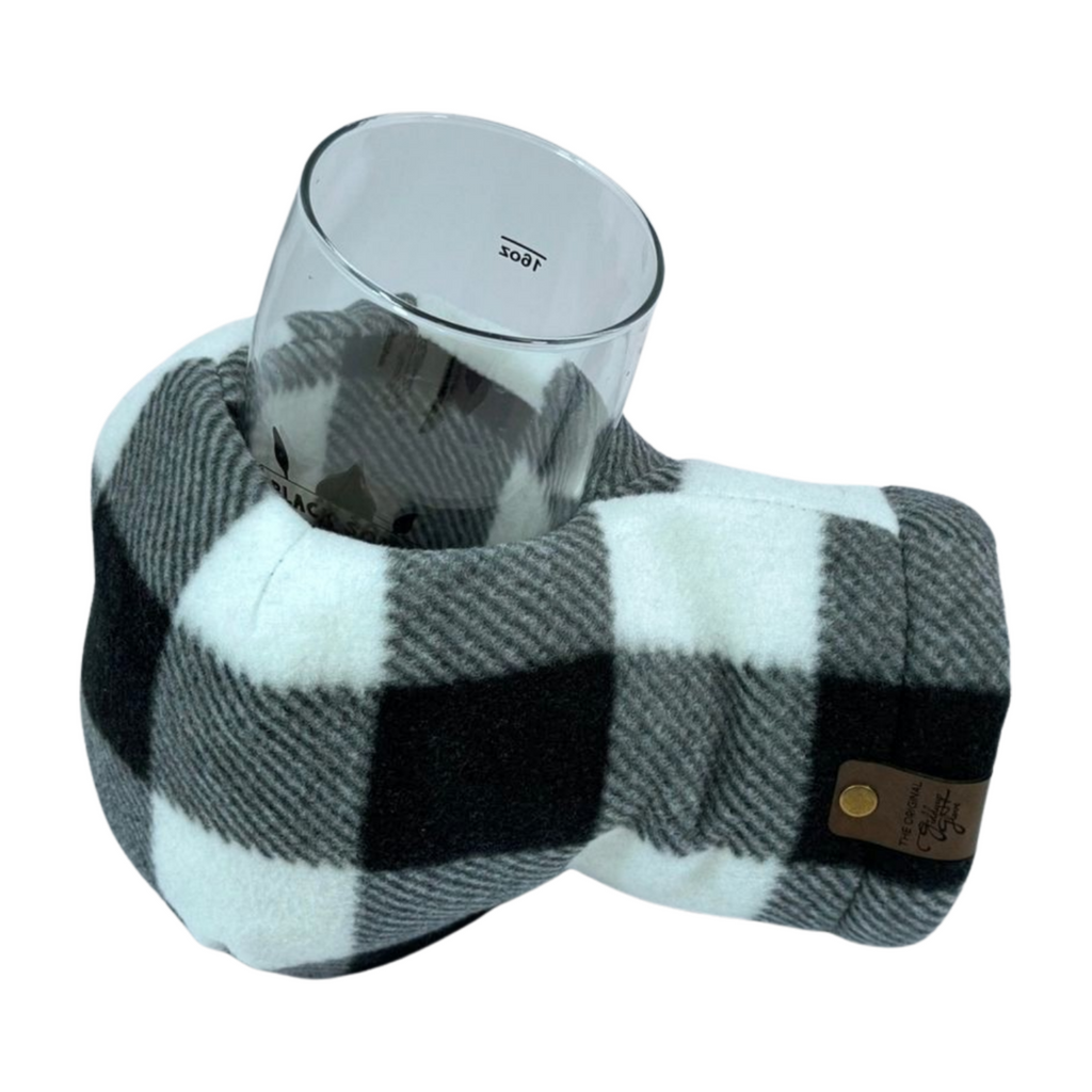 Black and White Buffalo Plaid Giddyup Glove™ gripping a glass, insulated mitten for hot or cold drinks.