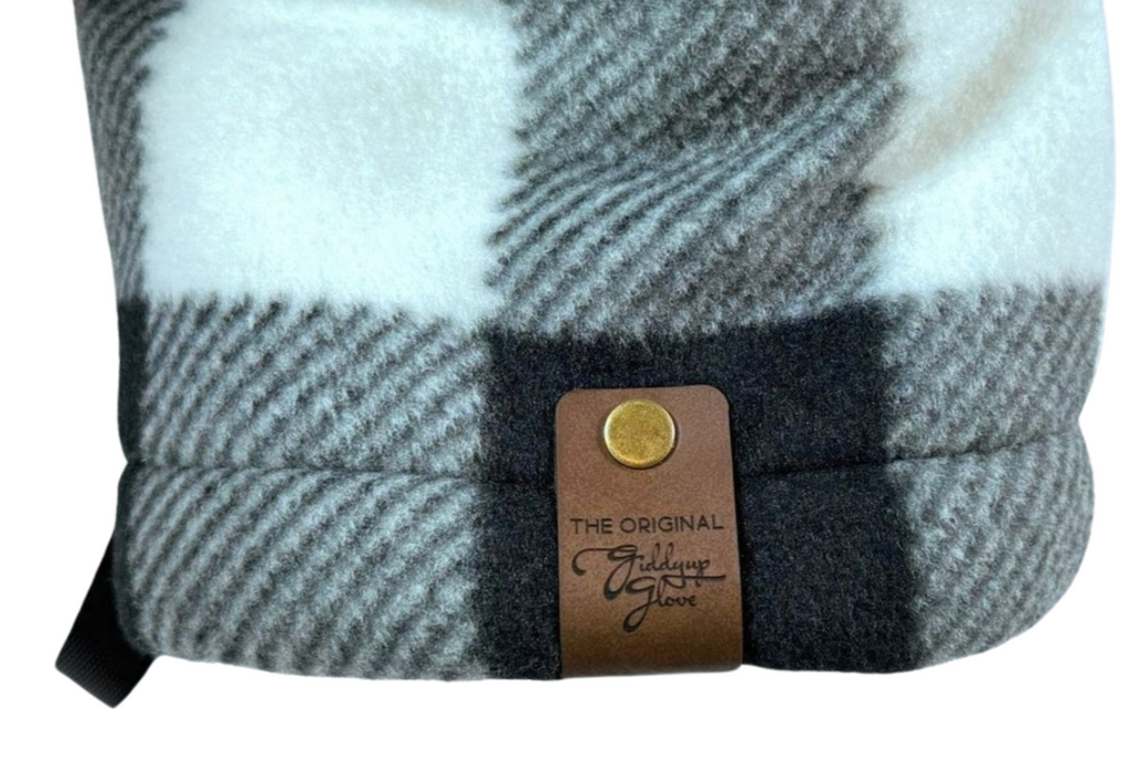Front wrist view of Black and White Buffalo Plaid Giddyup Glove™, warm and stylish insulated mitten.