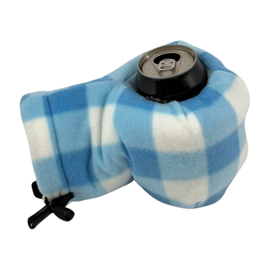 Blue White Checkers Giddyup Glove™ holding a can, demonstrating ambidextrous comfort and stability.