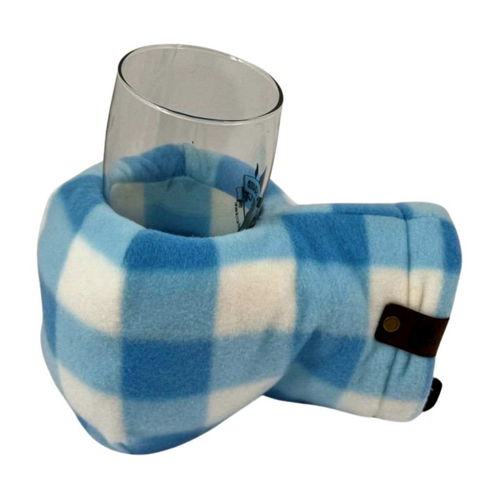 Blue White Checkers Giddyup Glove™ holding a glass, showing hands-free drink insulation.