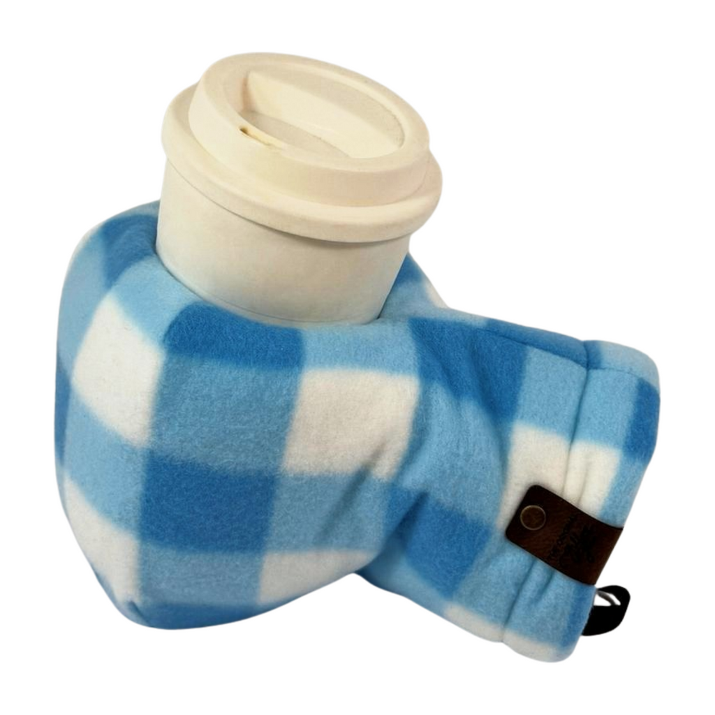 Blue White Checkers Giddyup Glove™ securing a tumbler, perfect for hot or cold beverages.
