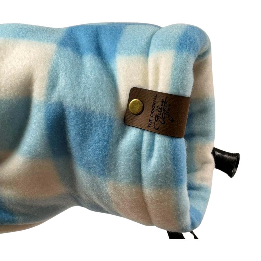 Blue White Checkers Giddyup Glove™ right wrist view highlighting ergonomic design and checkered pattern.