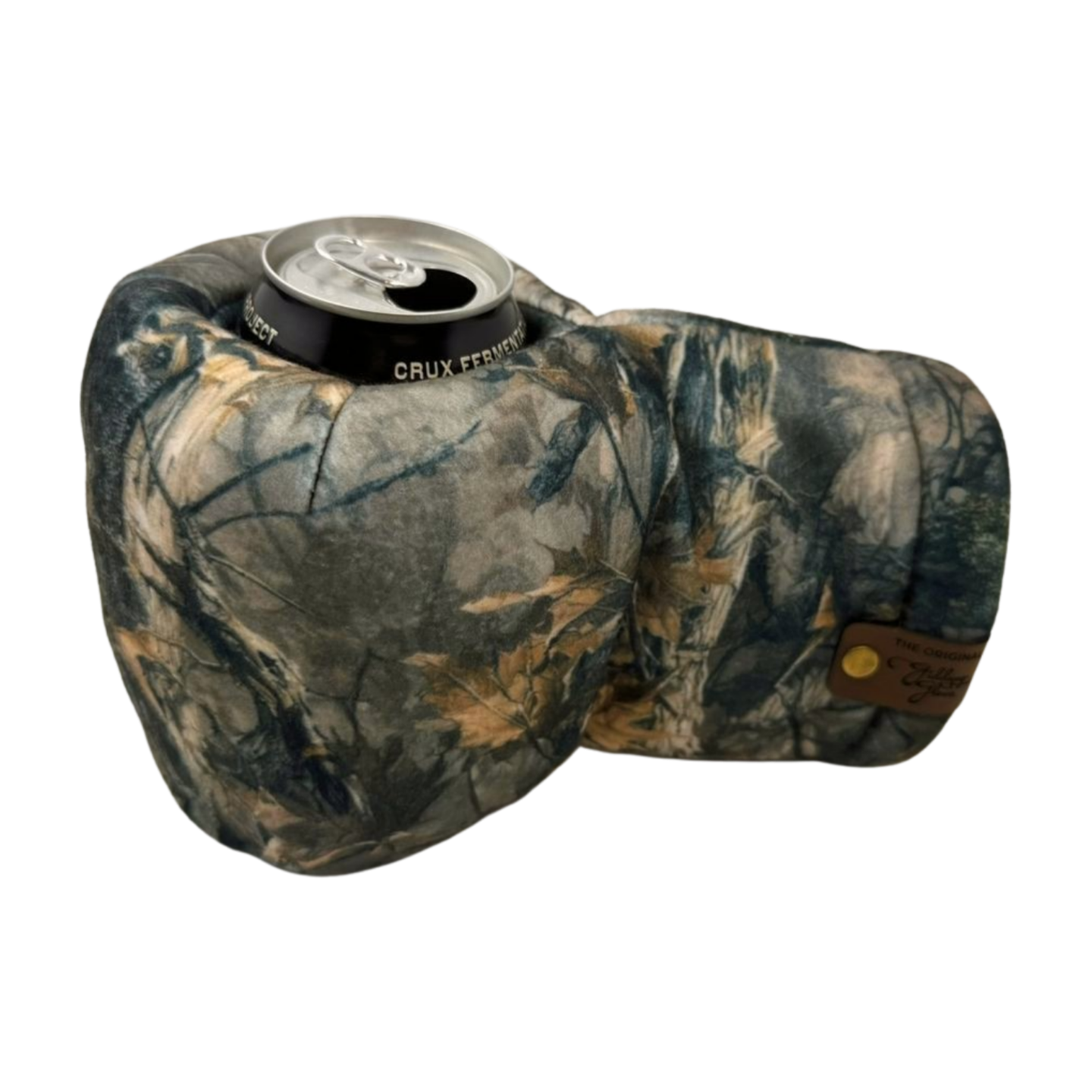 Buckskin Giddyup Glove™ holding a beverage can, demonstrating built-in drink holder feature