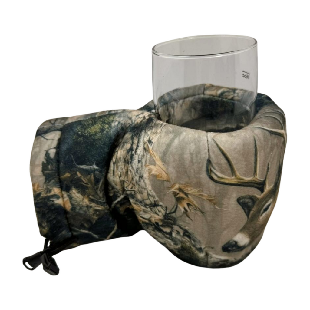 Buckskin Giddyup Glove™ holding a glass, showing hands-free drink support and insulated comfort