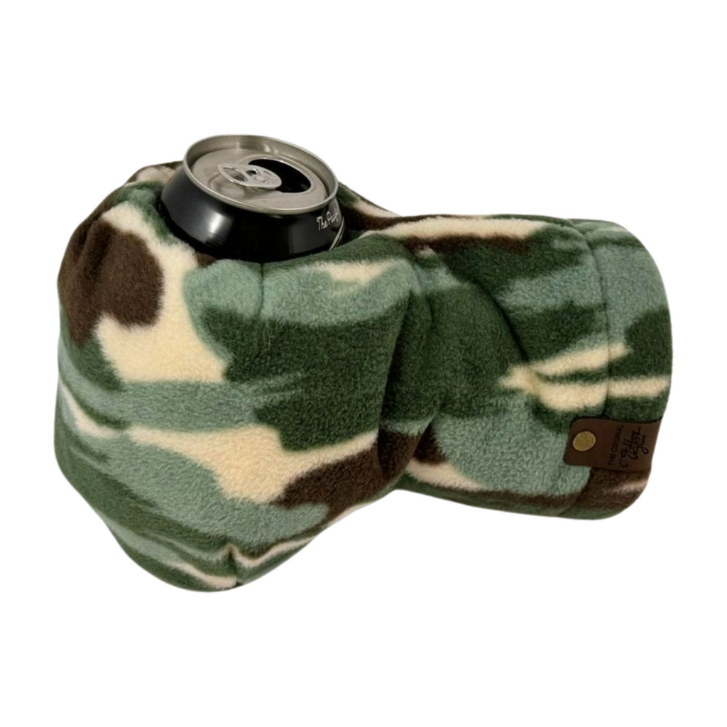 Camouflage Giddyup Glove™ holding a can, insulated and ambidextrous for drinks at picnics, camping, or tailgates.
