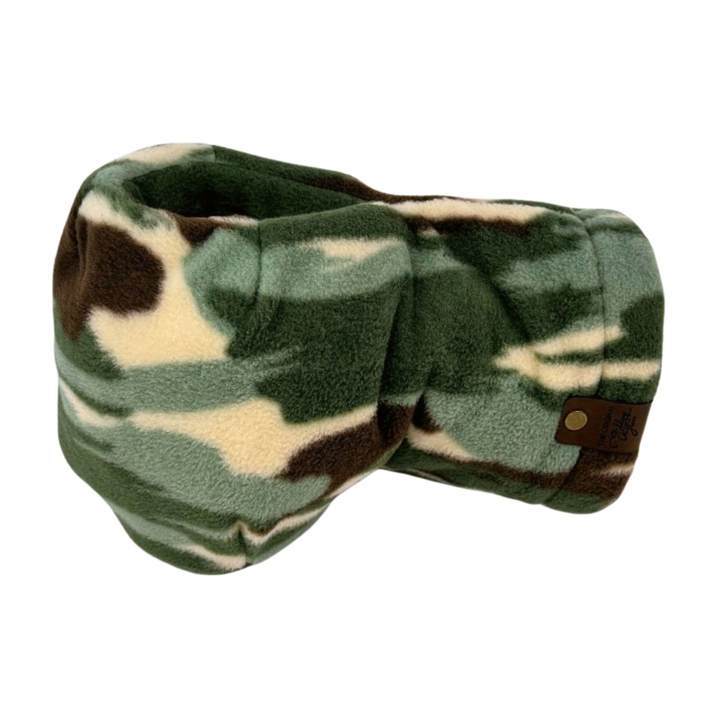 Camouflage Giddyup Glove™ shown from the left side, insulated hand and drink holder for outdoor activities.