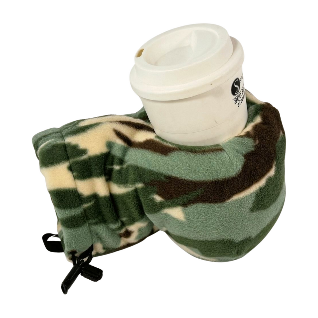 Camouflage Giddyup Glove™ holding a tumbler, ambidextrous insulated glove for hiking, camping, or tailgates.