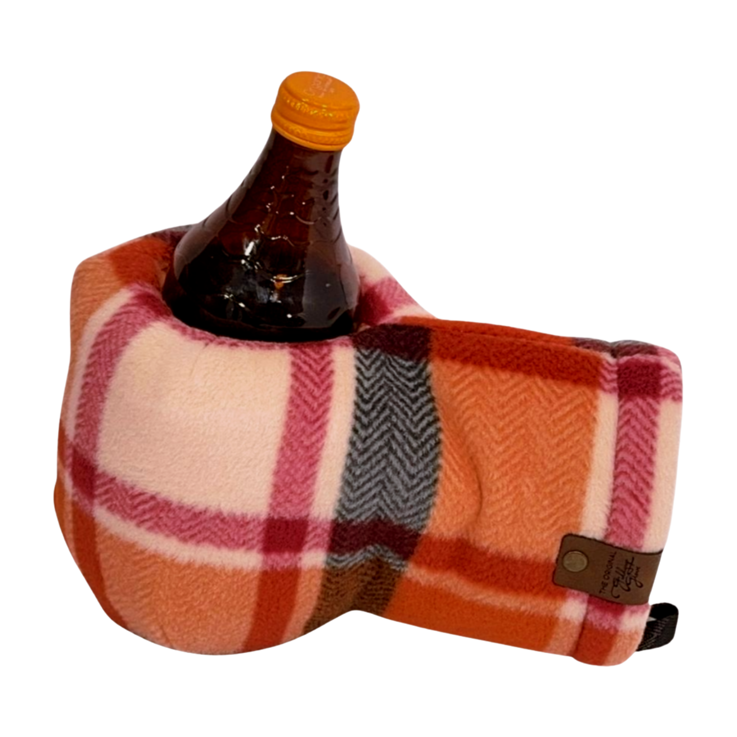 Cider Season Giddyup Glove™ holding a bottle, hands-free insulated drink mitten for fall and winter