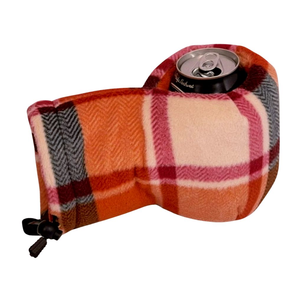 Cider Season Giddyup Glove™ holding a can, insulated fleece mitten for cider, beer, or cold drinks