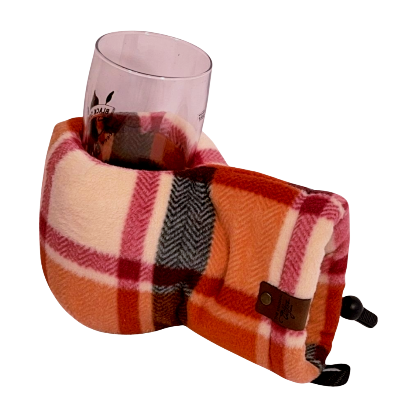 Cider Season Giddyup Glove™ holding a glass, cozy fleece mitten with no-grip drink holder
