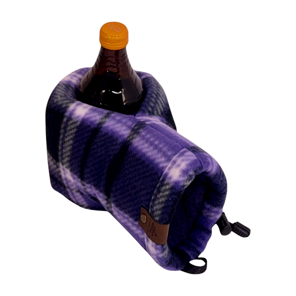 Left-hand view of Deep Purple Plaid Giddyup Glove™ holding a bottle, winter beverage glove.