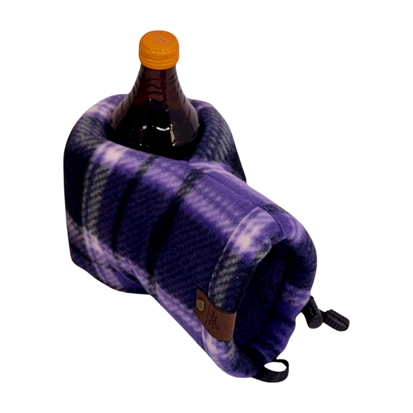 Left-hand view of Deep Purple Plaid Giddyup Glove™ holding a bottle, winter beverage glove.