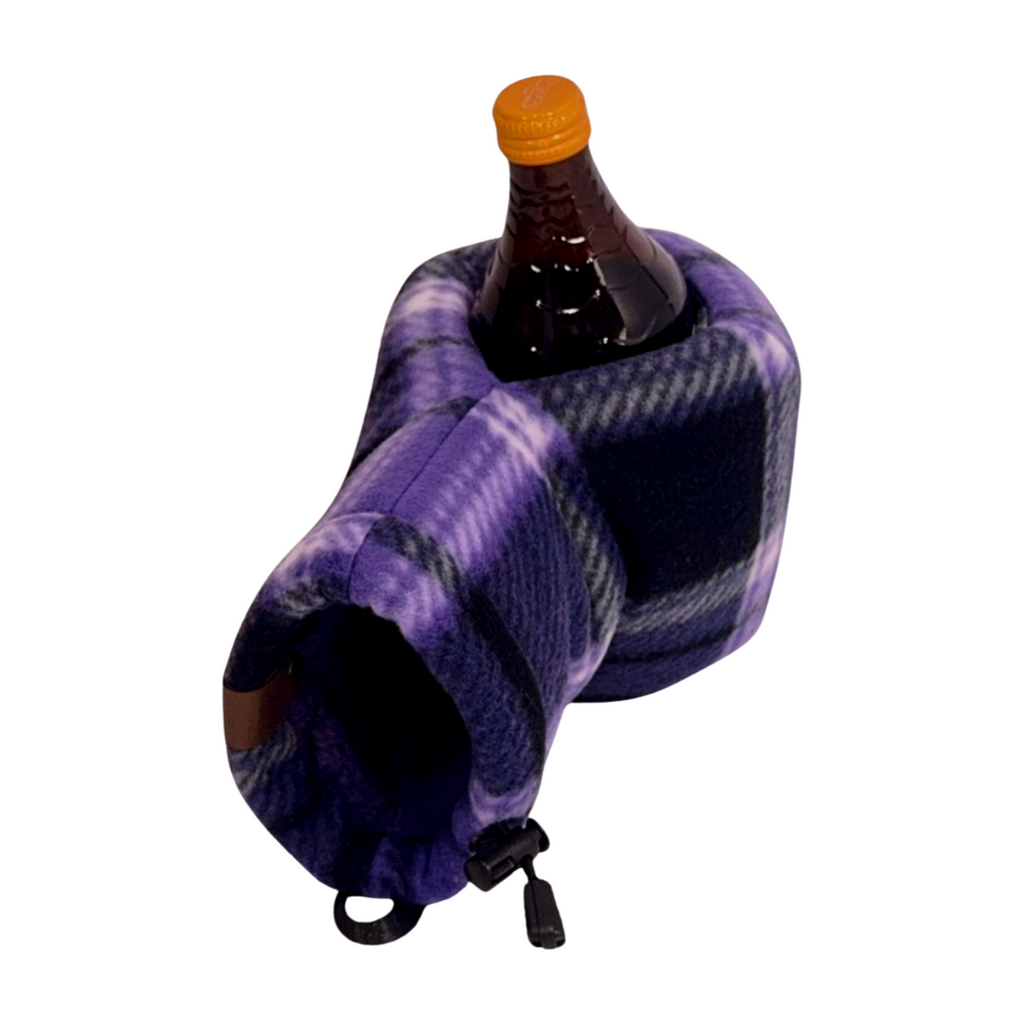 Right-hand view of Deep Purple Plaid Giddyup Glove™ gripping a bottle, insulated comfort.