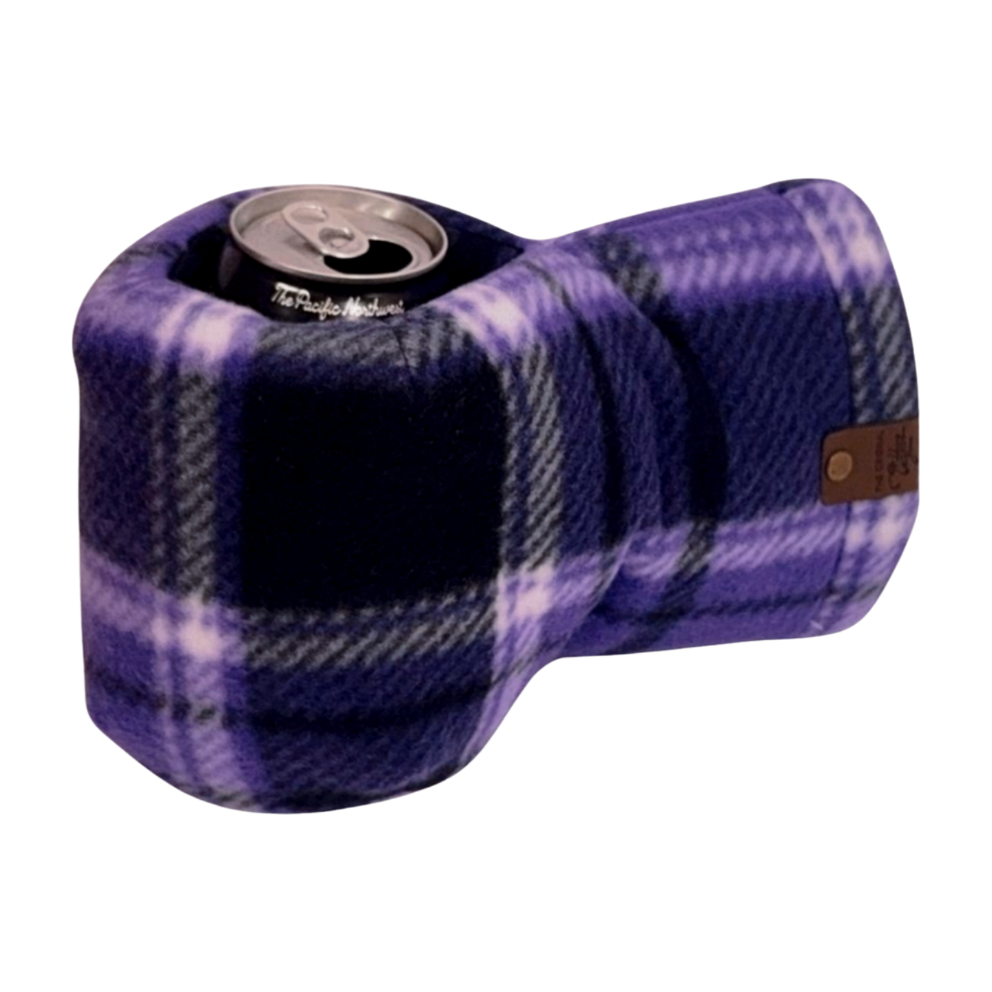 Deep Purple Plaid Giddyup Glove™ holding a canned beverage, ambidextrous insulated glove.