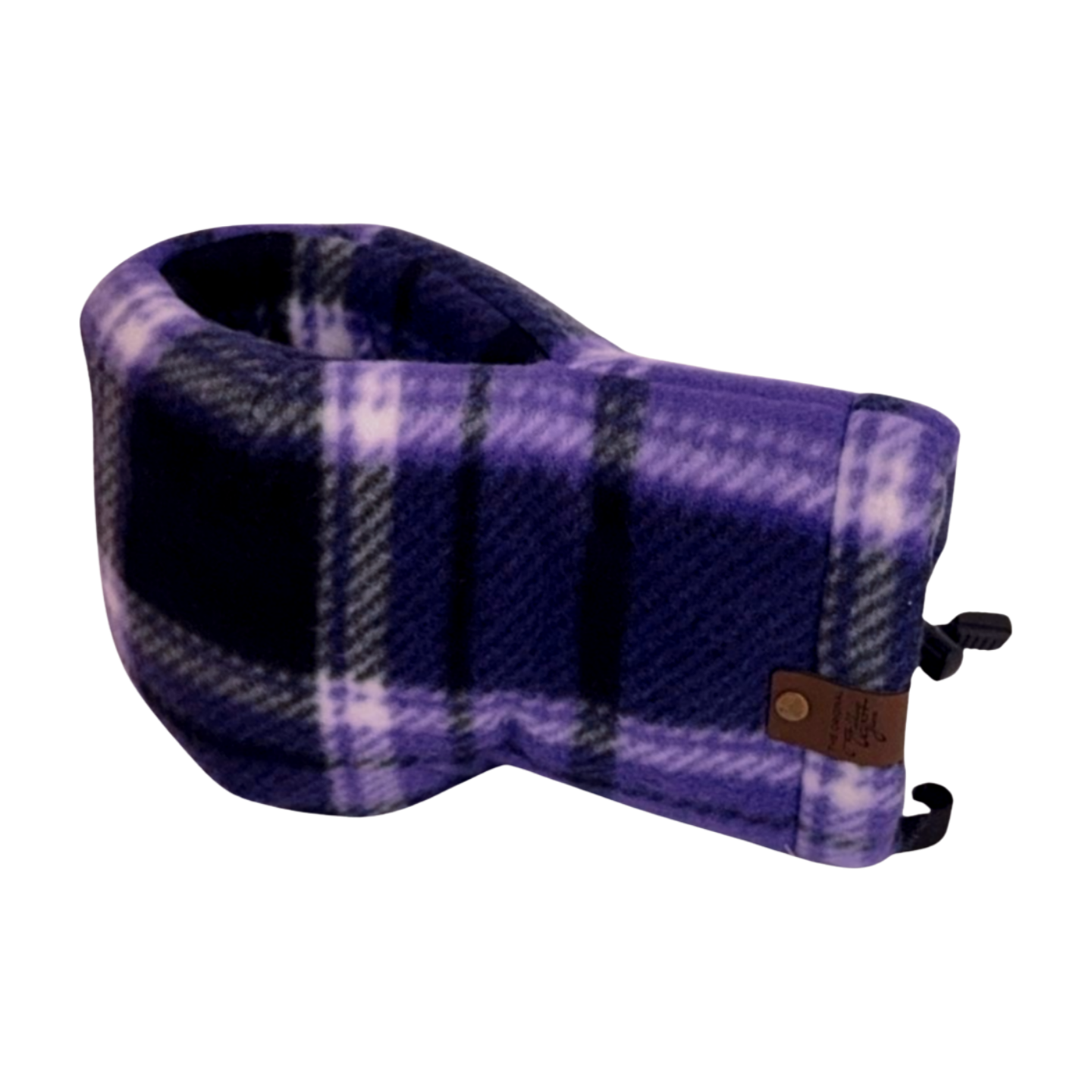 Front view of Deep Purple Plaid Giddyup Glove™ holding a beverage, insulated winter mitten.