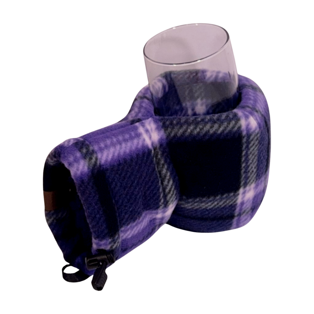 Deep Purple Plaid Giddyup Glove™ holding a glass, insulated mitten for hot or cold drinks.