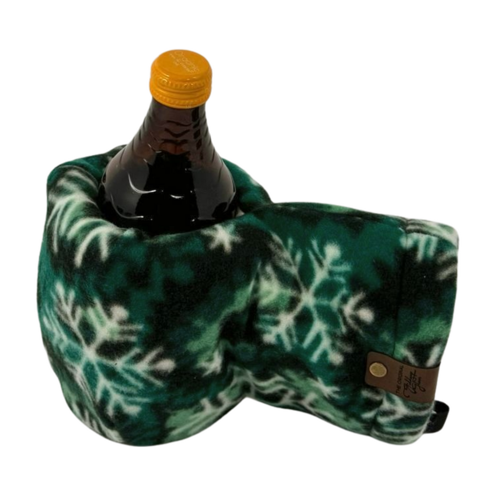Top view of Forest Flake Giddyup Glove™ holding a bottle, a beer Kozy alternative for cold weather