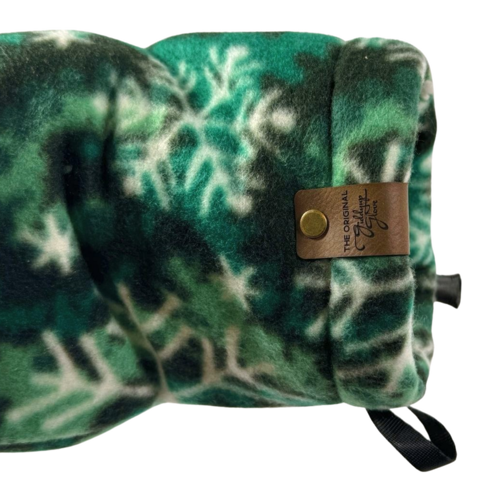 Close-up of Forest Flake Giddyup Glove™ wrist strap and insulated cuff for sidelines or winter adventures