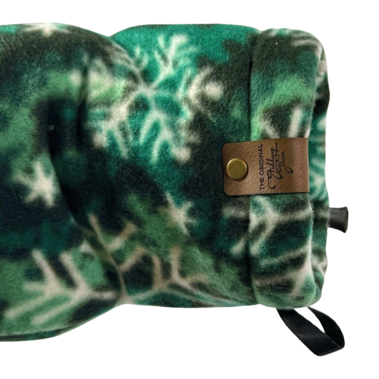Close-up of Forest Flake Giddyup Glove™ wrist strap and insulated cuff for sidelines or winter adventures