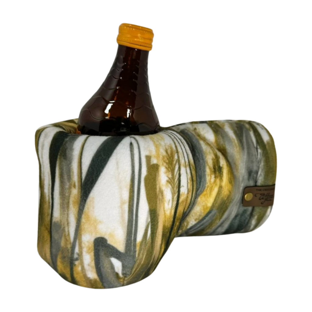 Fowlplay Giddyup Glove™ holding hot or cold beverage, showing insulated drink-holding mitten in action