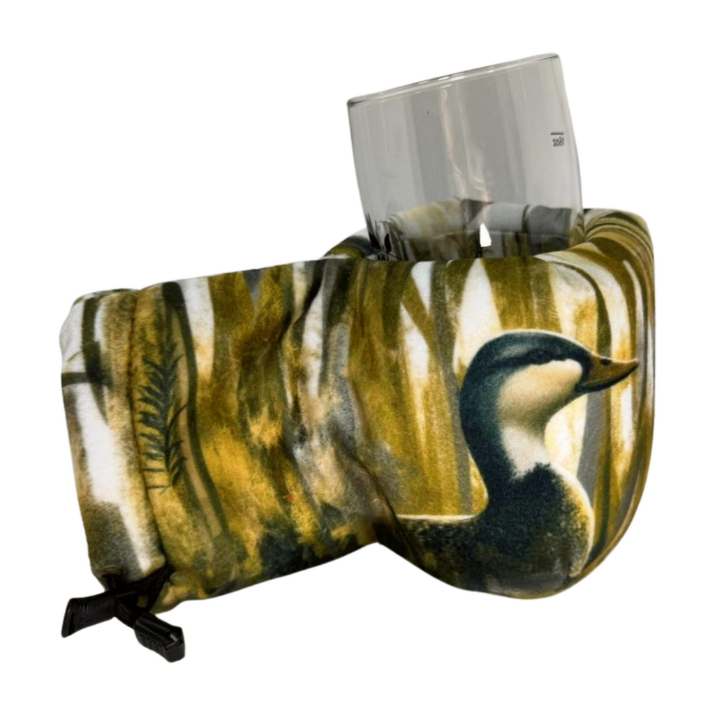 Fowlplay Giddyup Glove™ holding hot or cold beverage, showing insulated drink-holding mitten in action