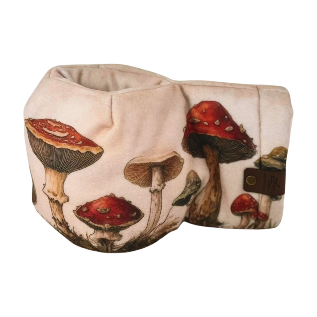 Side view of Fungipedia Giddyup Glove™ highlighting insulated drink-holding mitten and mushroom-patterned print