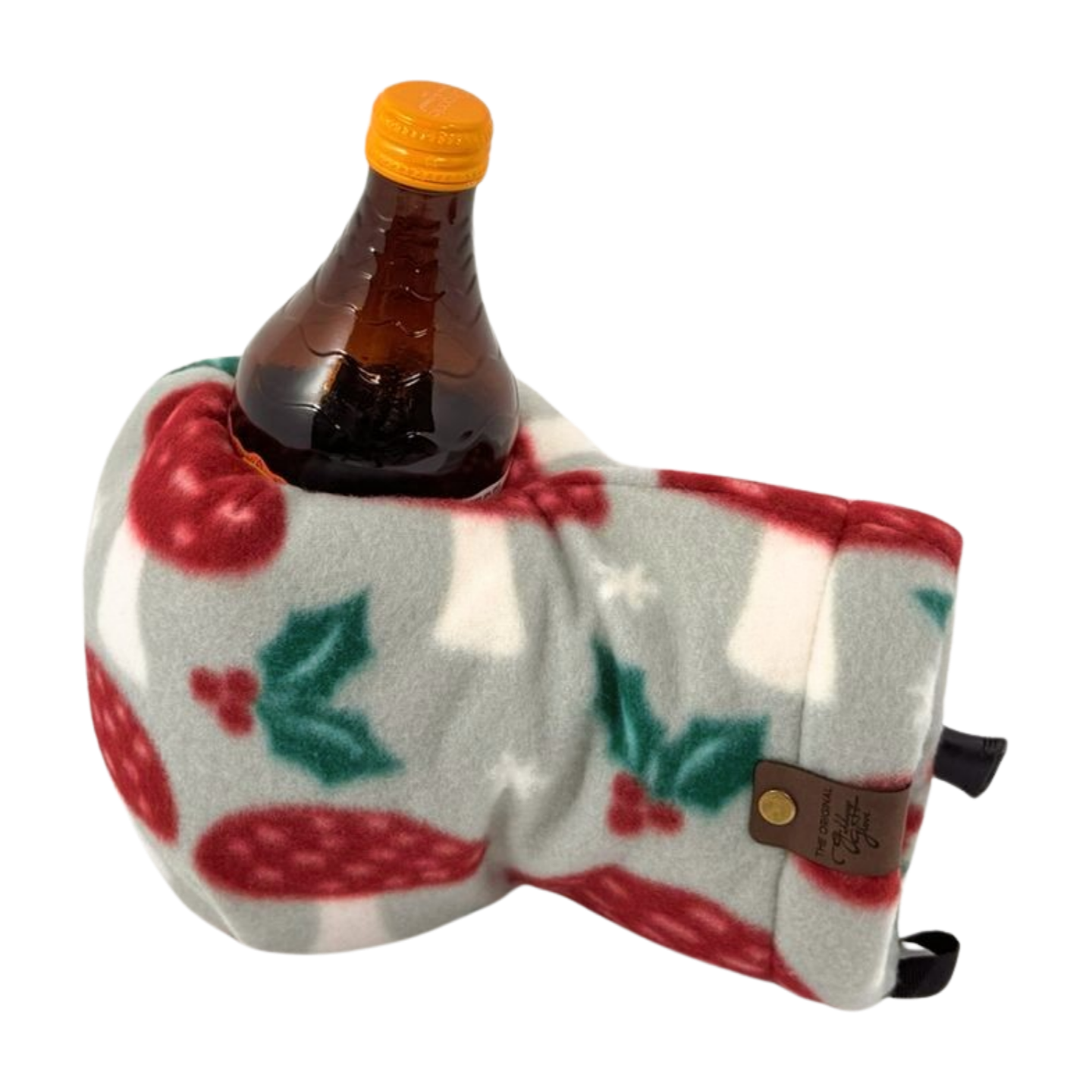 Top view of Funglow Mistletoe Giddyup Glove™ holding a bottle, a beer Kozy alternative for cold weather