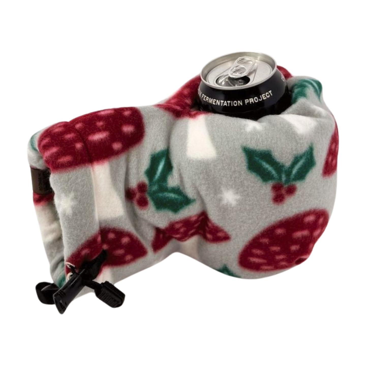 Funglow Mistletoe Giddyup Glove™ holding a beverage can, showing hands-free drink convenience.