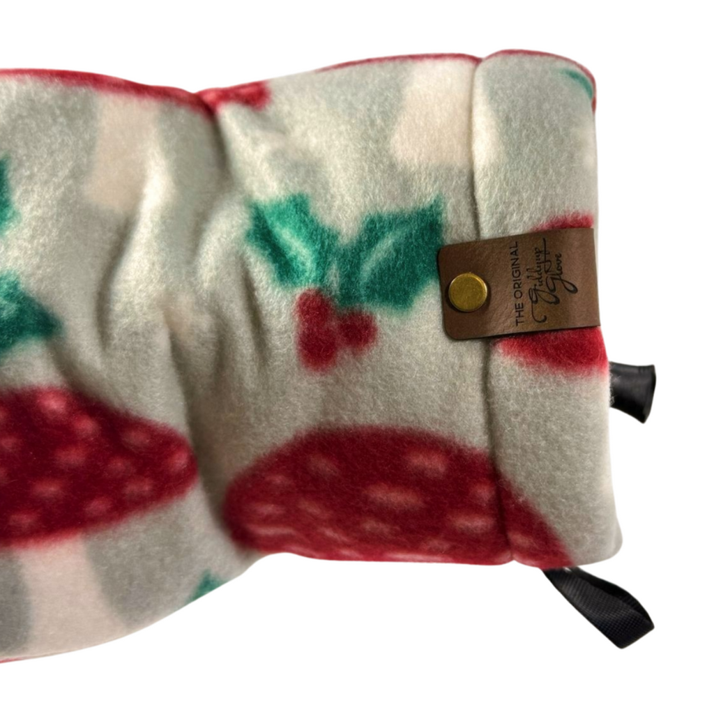 Close-up of Funglow Mistletoe Giddyup Glove™ wrist strap and insulated cuff for sidelines or outdoor use