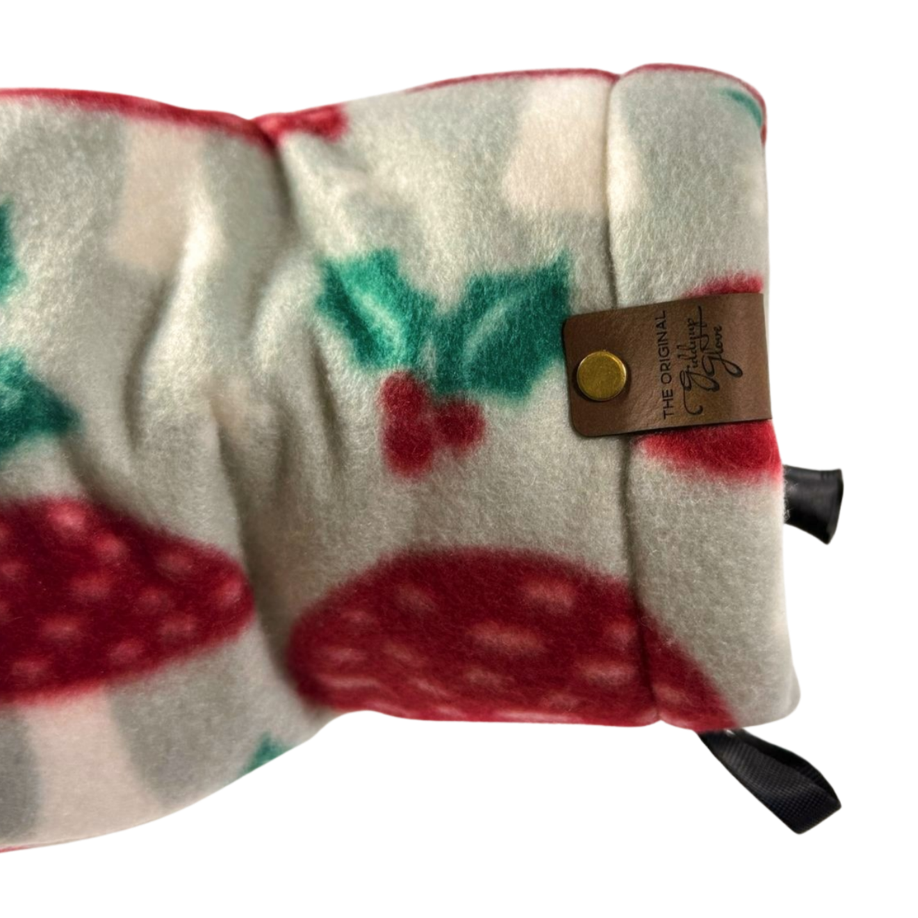 Close-up of Funglow Mistletoe Giddyup Glove™ wrist strap and insulated cuff for sidelines or outdoor use