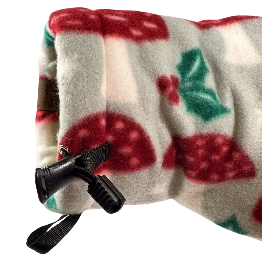 Close-up of Funglow Mistletoe Giddyup Glove™ wrist strap and insulated cuff for sidelines or outdoor use