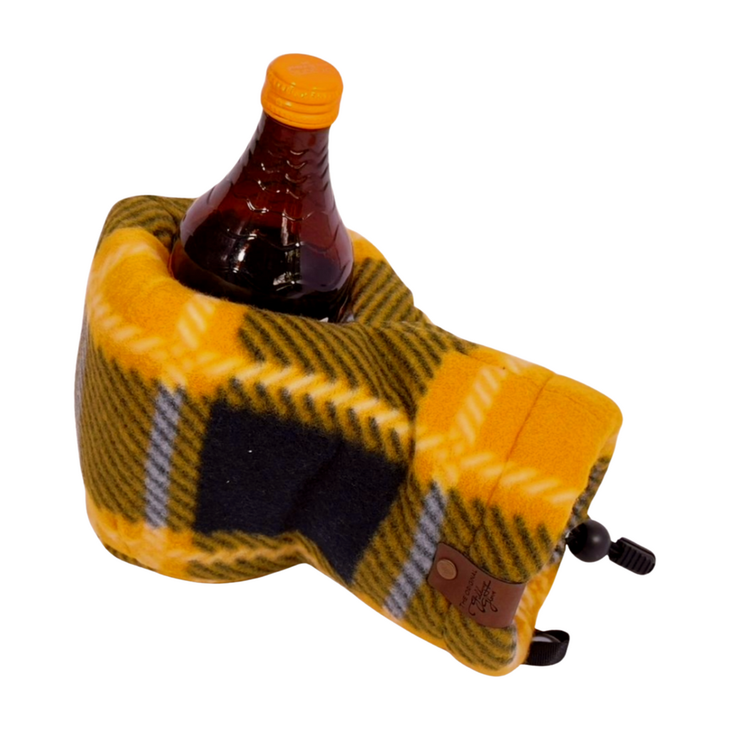 Gold Black Plaid Giddyup Glove™ holding a bottle, versatile insulated mitten for hot or cold beverages.