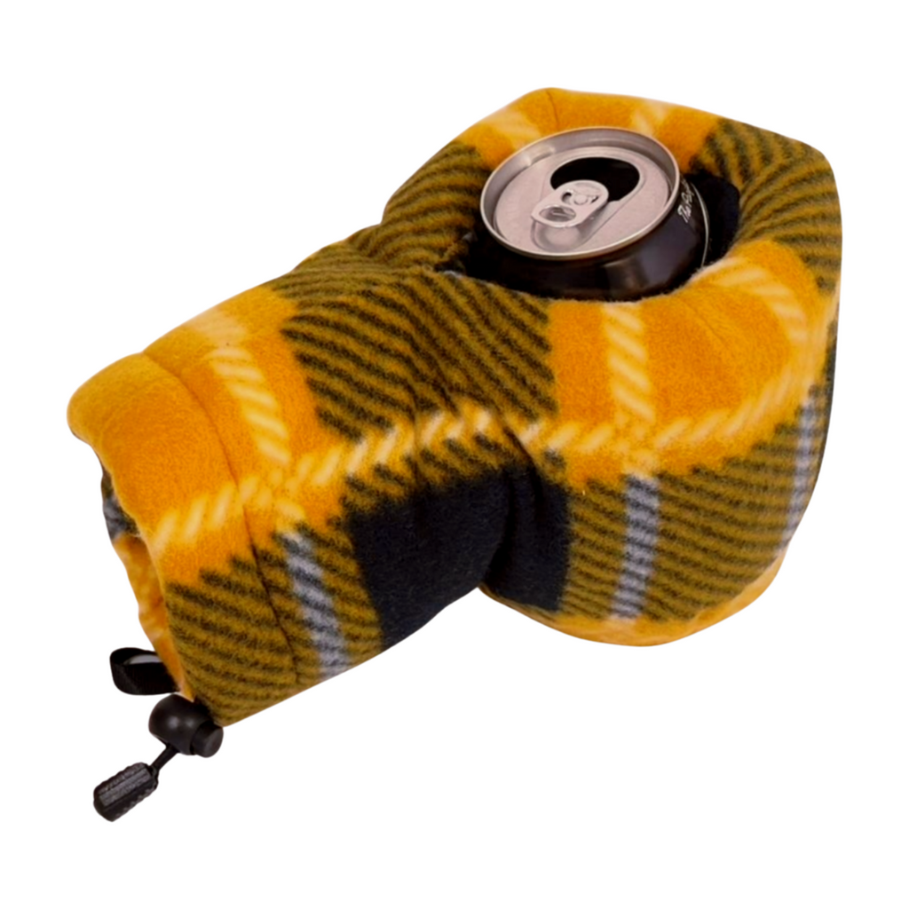 Gold Black Plaid Giddyup Glove™ holding a can, insulated mitten perfect for tailgates, camping, or après-ski.